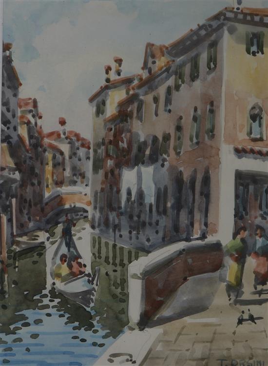 T. Orsini, watercolour, Venetian backwater, 21 x 15cm and two other watercolours